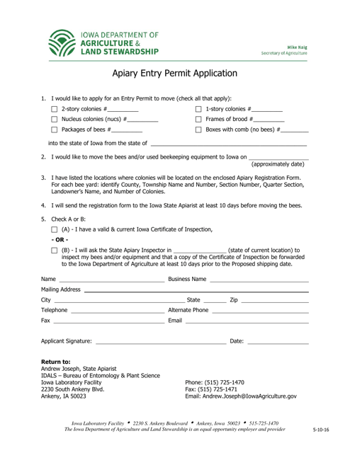 Apiary Entry Permit Application - Iowa Download Pdf