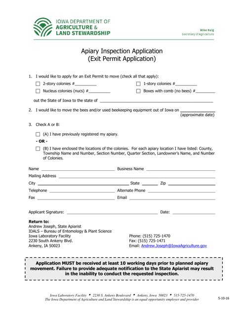 Apiary Inspection Application (Exit Permit Application) - Iowa Download Pdf