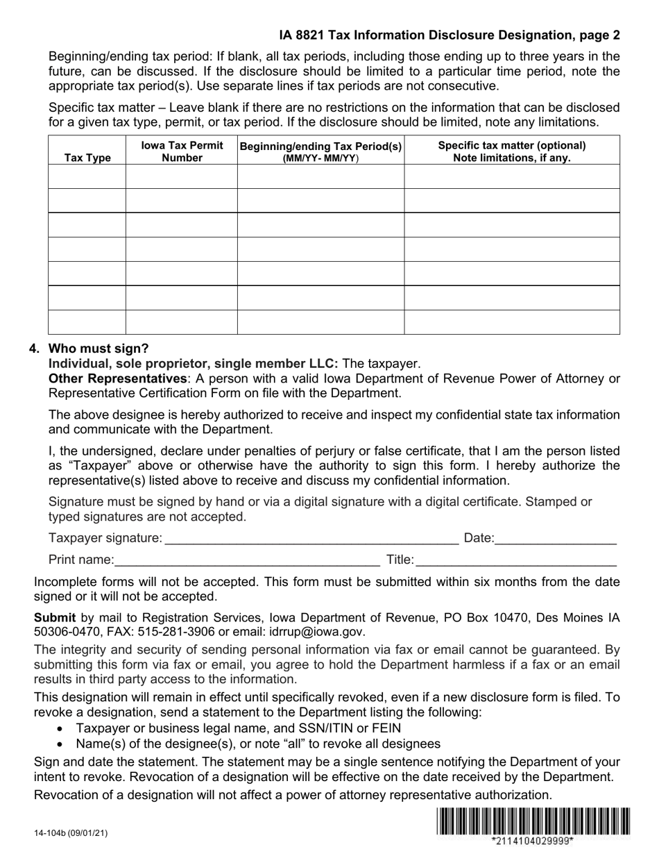 Form IA8821 (14-104) Tax Information Disclosure Designation - Iowa, Page 2