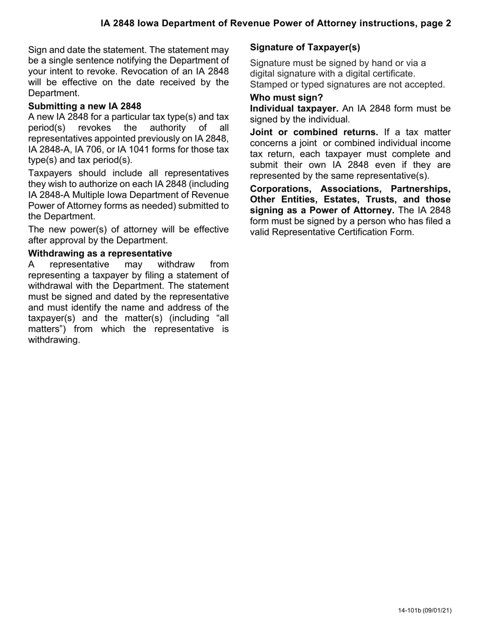 Form IA2848 (14-101) Iowa Department of Revenue Power of Attorney - Iowa, Page 2