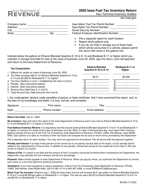 Form 80-020 Iowa Fuel Tax Inventory Return - Non-terminal Inventory Holders - Iowa, 2020