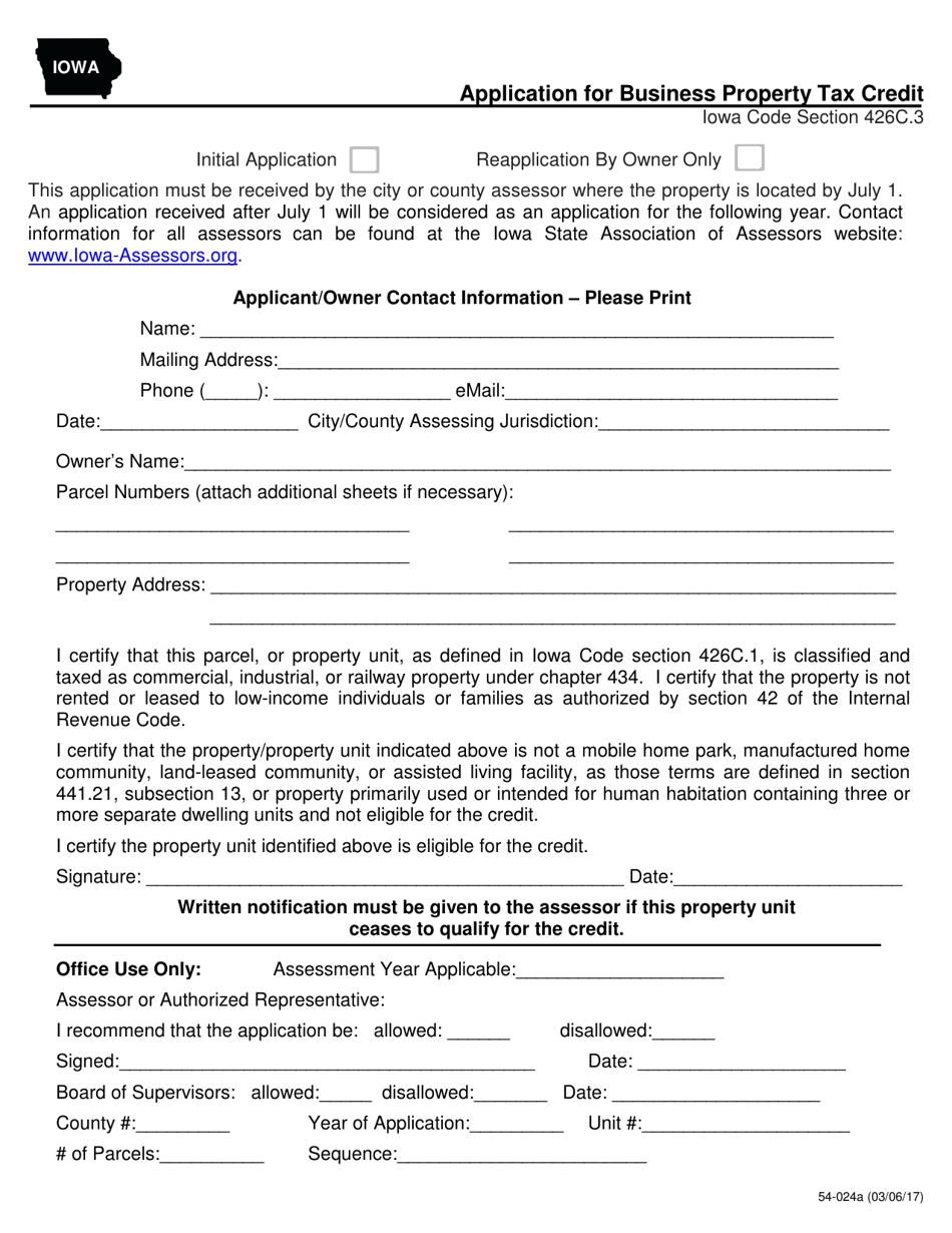 Form 54-024 Application for Business Property Tax Credit - Iowa, Page 1