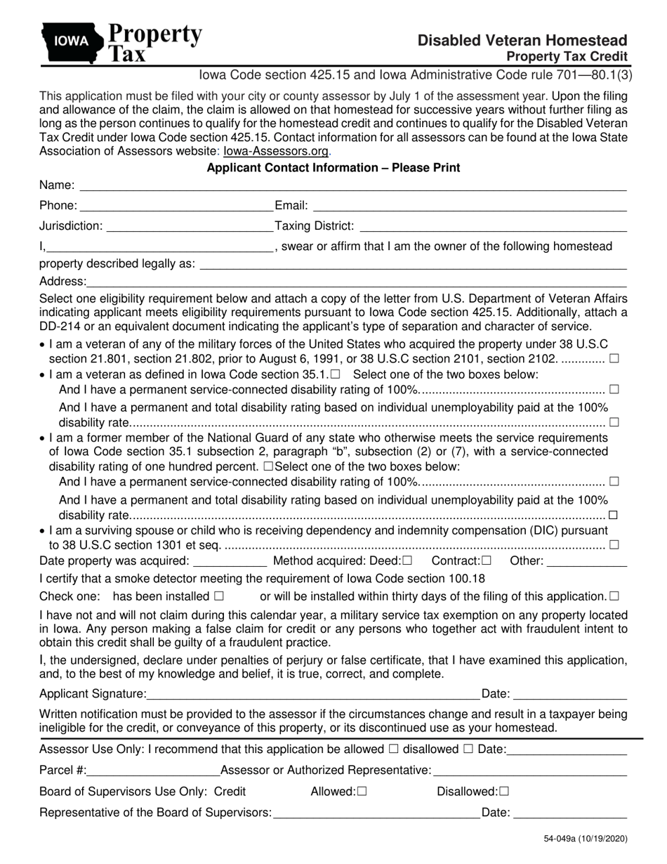 Form 54-049 Disabled Veteran Homestead - Property Tax Credit - Iowa, Page 1