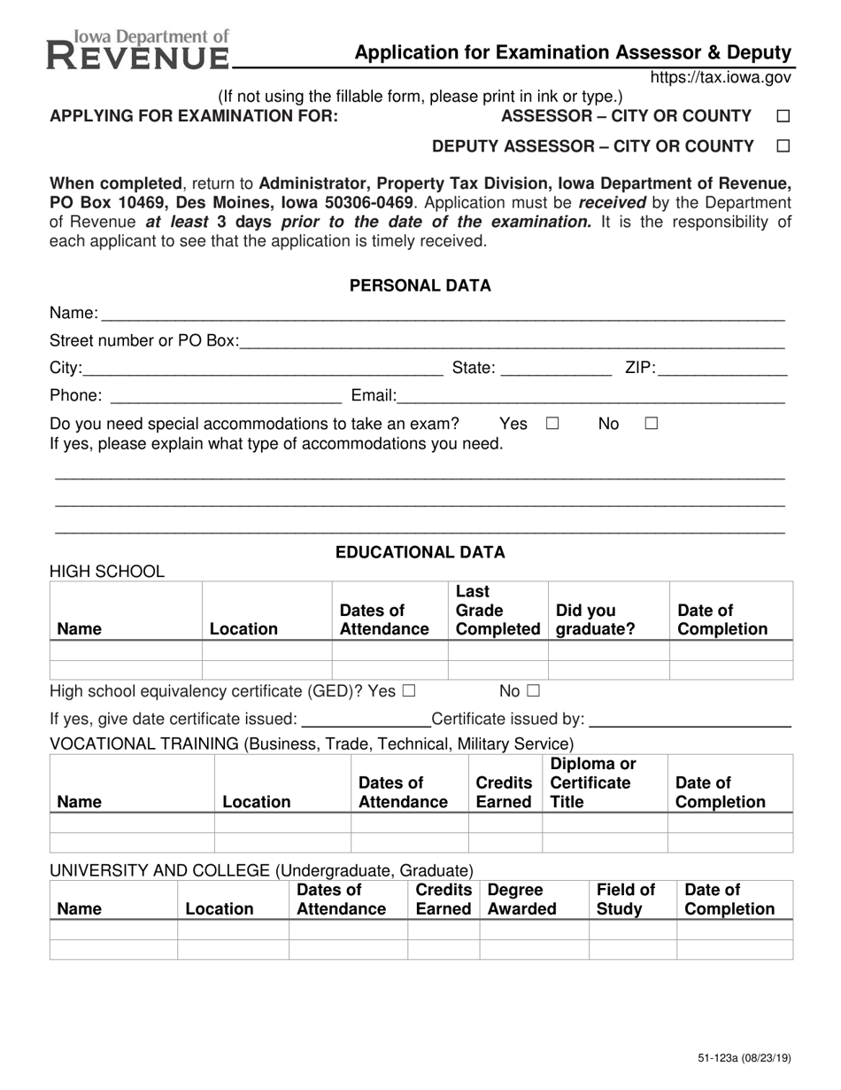Form 51-123 Application for Examination Assessor  Deputy - Iowa, Page 1