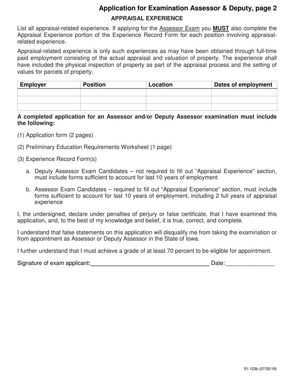 Form 51-123 Application for Examination Assessor  Deputy - Iowa, Page 2