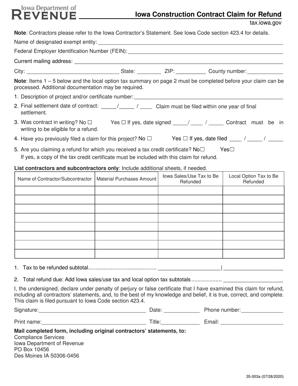 Form 35-003 Iowa Construction Contract Claim for Refund - Iowa, Page 1
