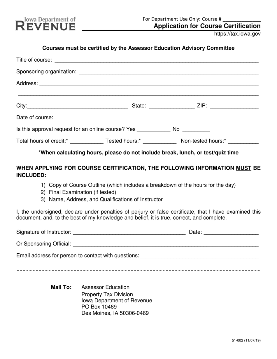 Form 51-002 Application for Course Certification - Iowa, Page 1
