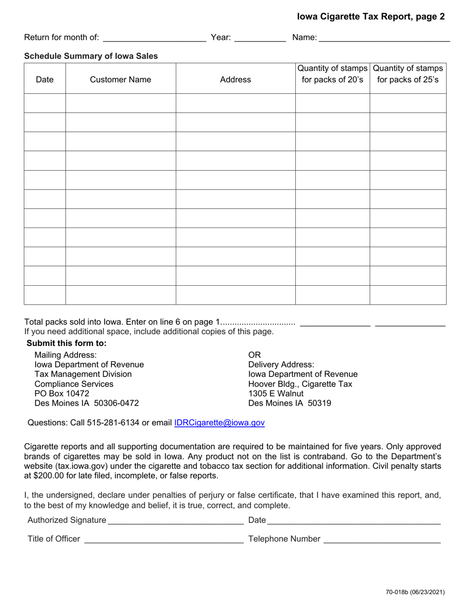 Form 70-018 Iowa Cigarette Tax Report - Out-of-State Distributors - Iowa, Page 2
