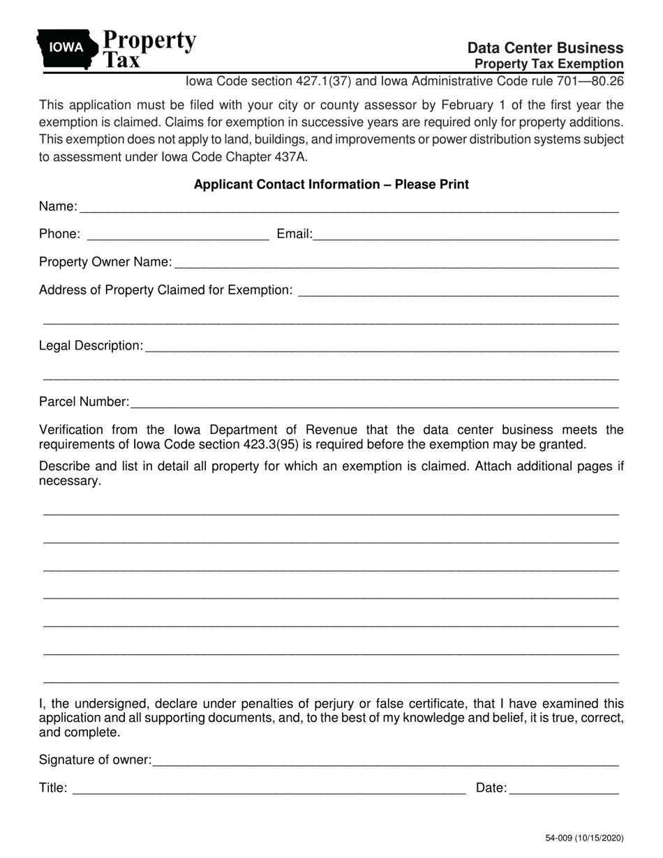 Form 54-009 Data Center Business - Property Tax Exemption - Iowa, Page 1