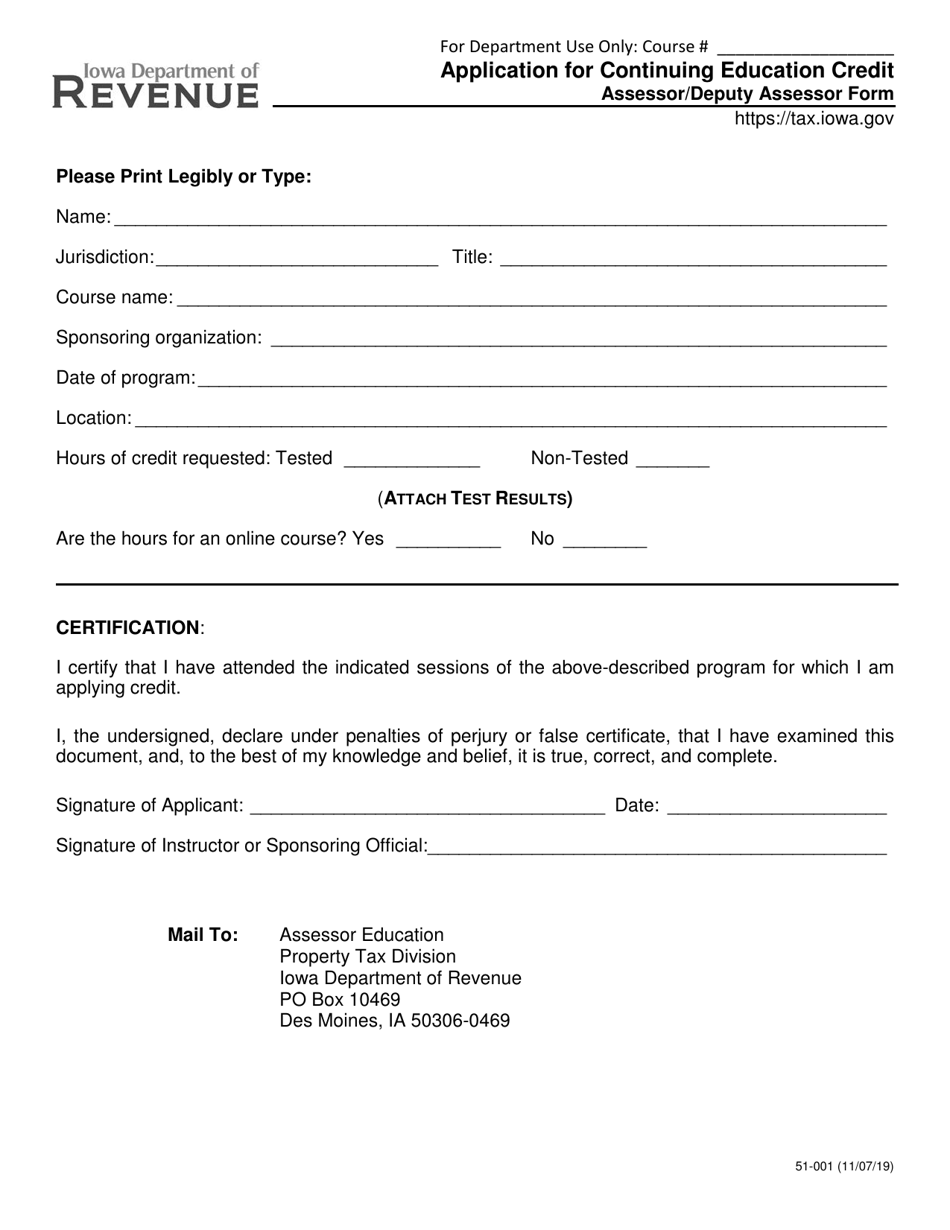 Form 51-001 Application for Continuing Education Credit - Assessor / Deputy Assessor Form - Iowa, Page 1