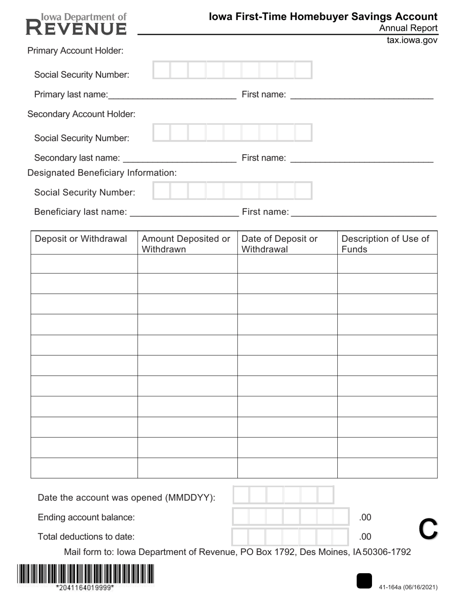 Form 41-164 Iowa First-Time Homebuyer Savings Account - Annual Report - Iowa, Page 1