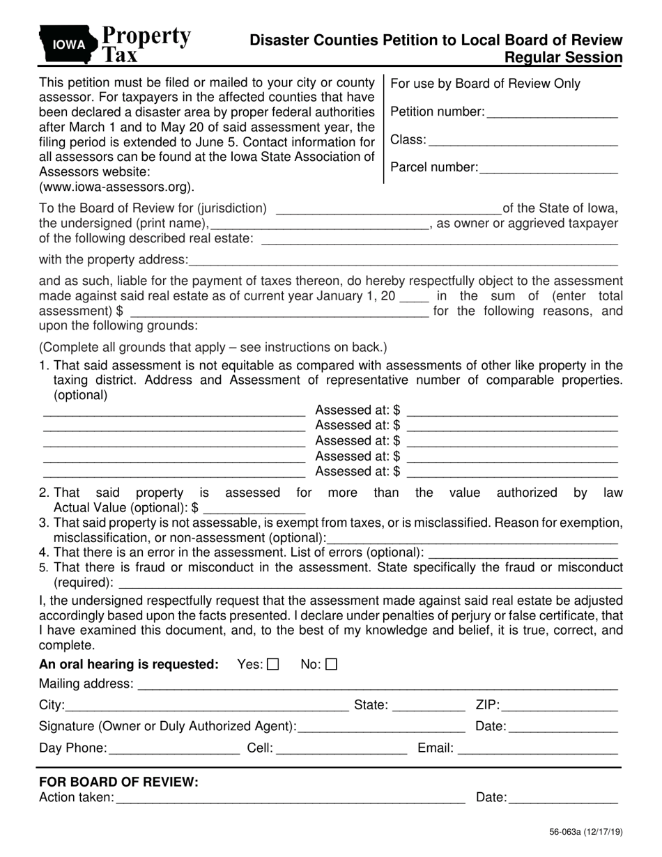 Form 56-063 Disaster Counties Petition to Local Board of Review - Regular Session - Iowa, Page 1