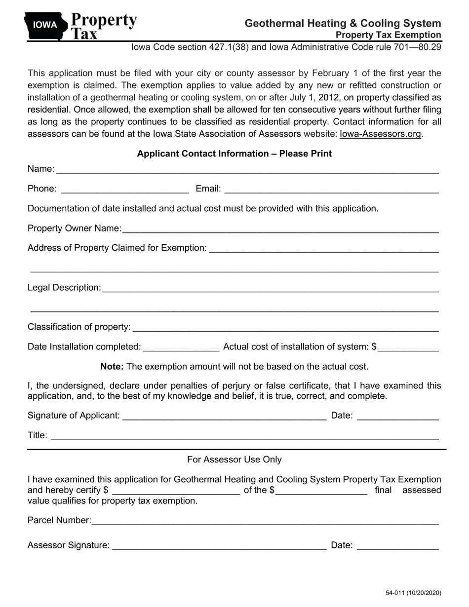 Form 54-011 Geothermal Heating  Cooling System Property Tax Exemption - Iowa, Page 1