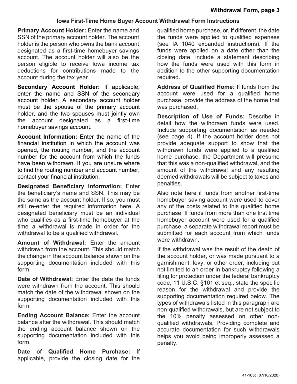 Form 41-163 Iowa First-Time Homebuyer Savings Account Withdrawal Form - Iowa, Page 3