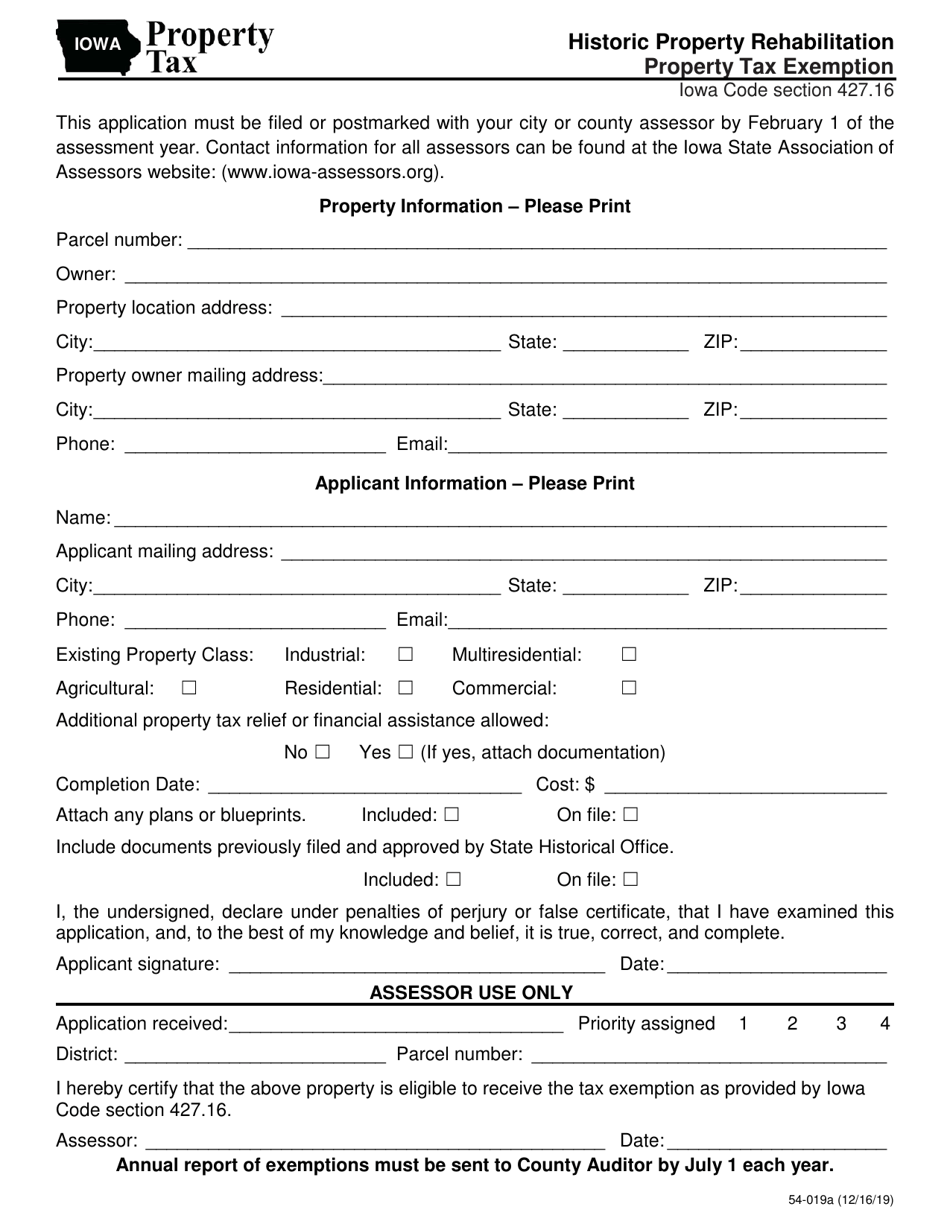 Form 54-019 Historic Property Rehabilitation Property Tax Exemption - Iowa, Page 1