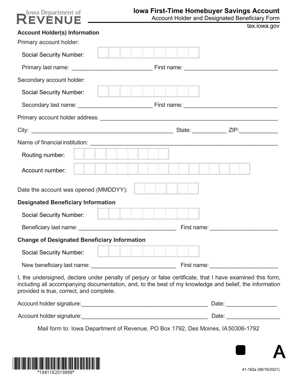 Form 41-162 Iowa First-Time Homebuyer Account Holder and Designated Beneficiary Form - Iowa, Page 1