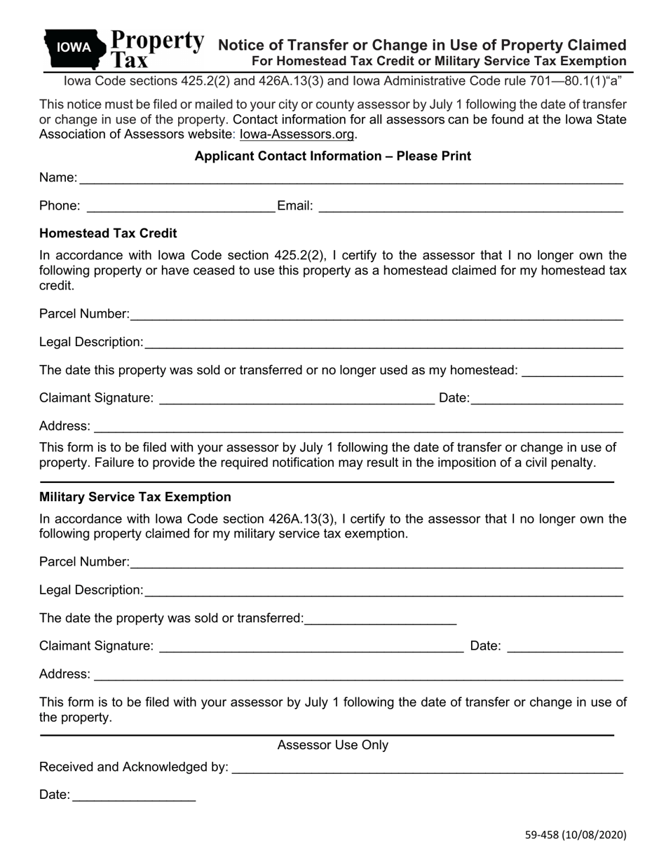 Form 59-458 Notice of Transfer or Change in Use of Property Claimed for Homestead Tax Credit or Military Service Tax Exemption - Iowa, Page 1
