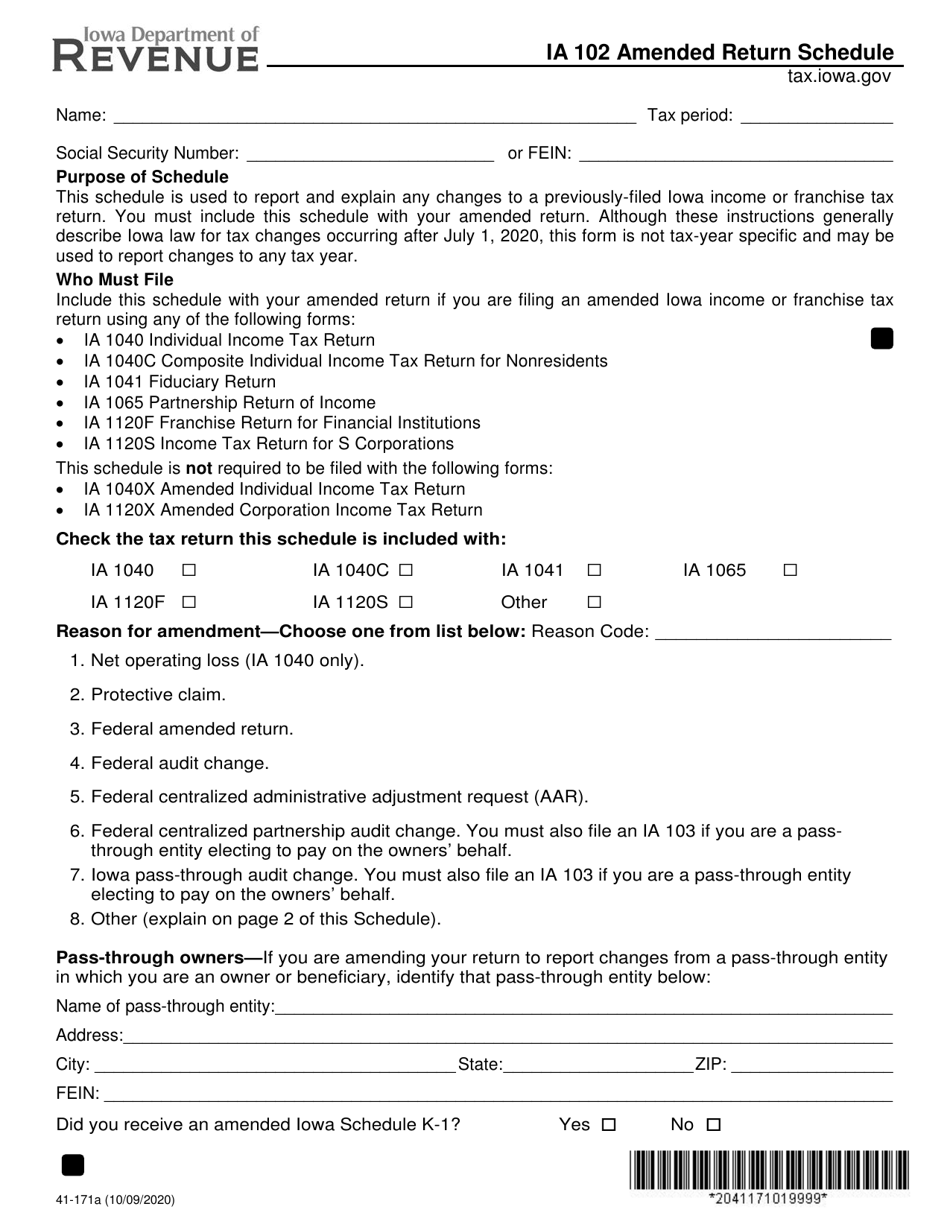 Form IA102 (41-171) Amended Return Schedule - Iowa, Page 1