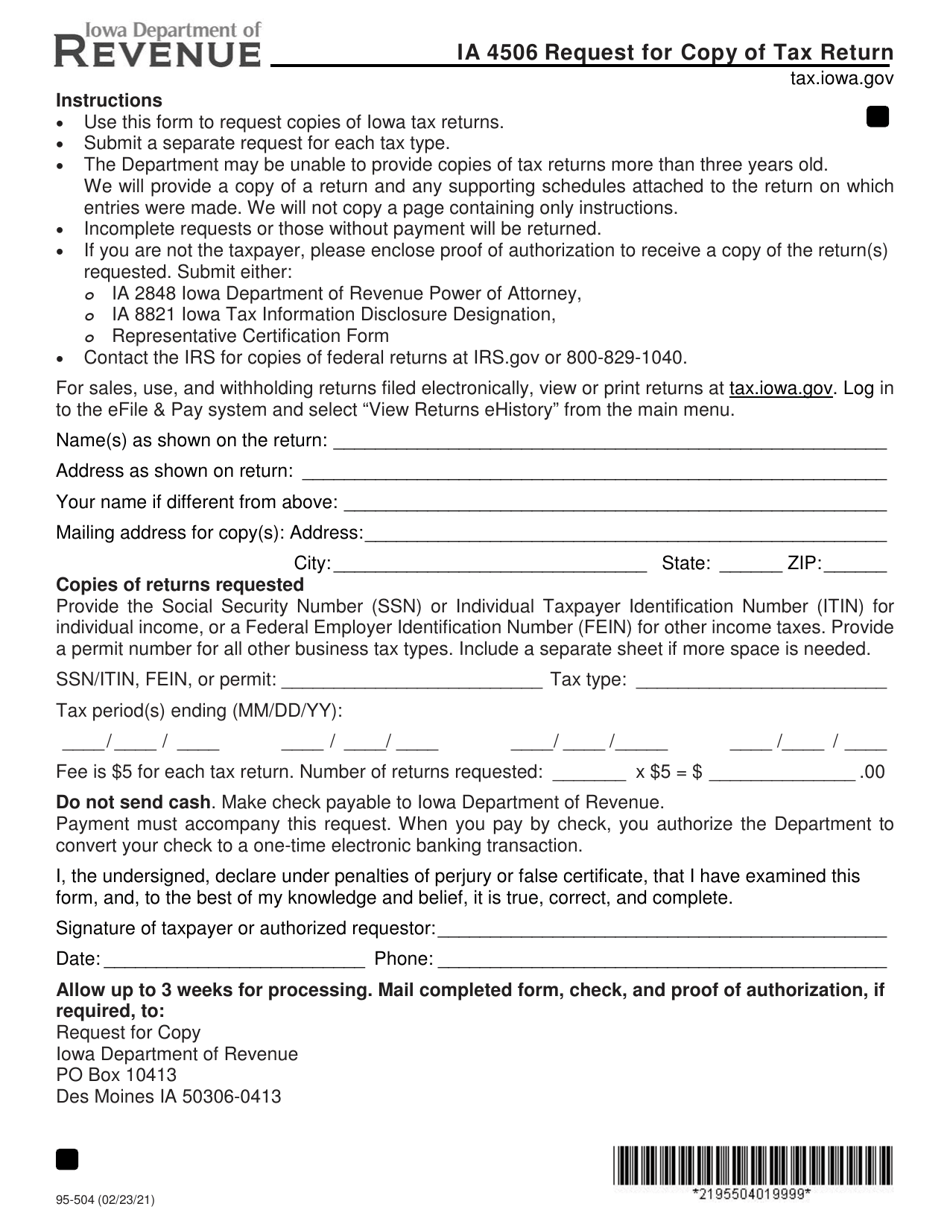 Form IA4506 (95-504) Request for Copy of Tax Return - Iowa, Page 1