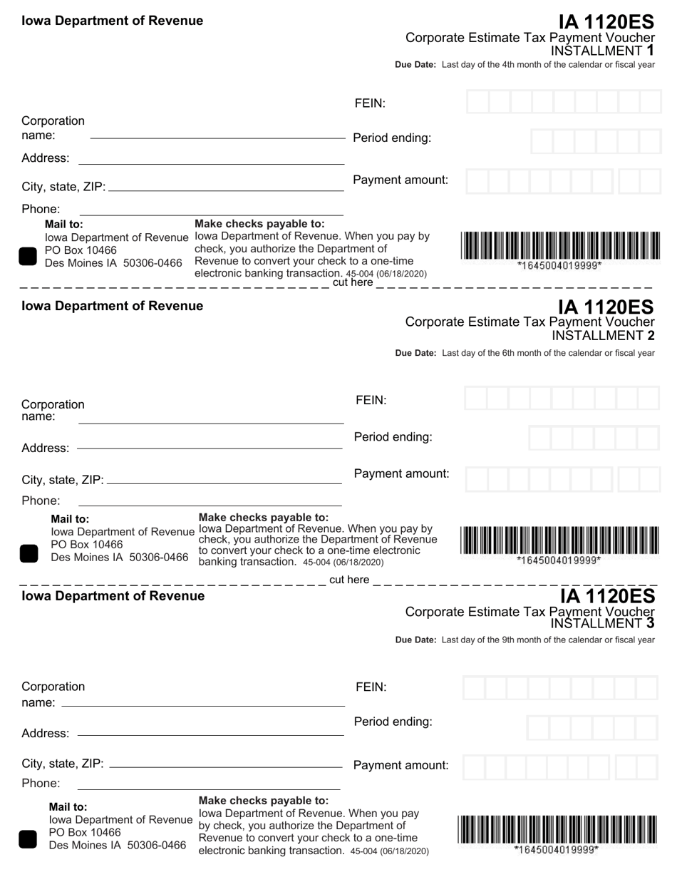 Form IA1120ES (45-004) Corporation Estimate Tax Payment Voucher - Iowa, Page 1