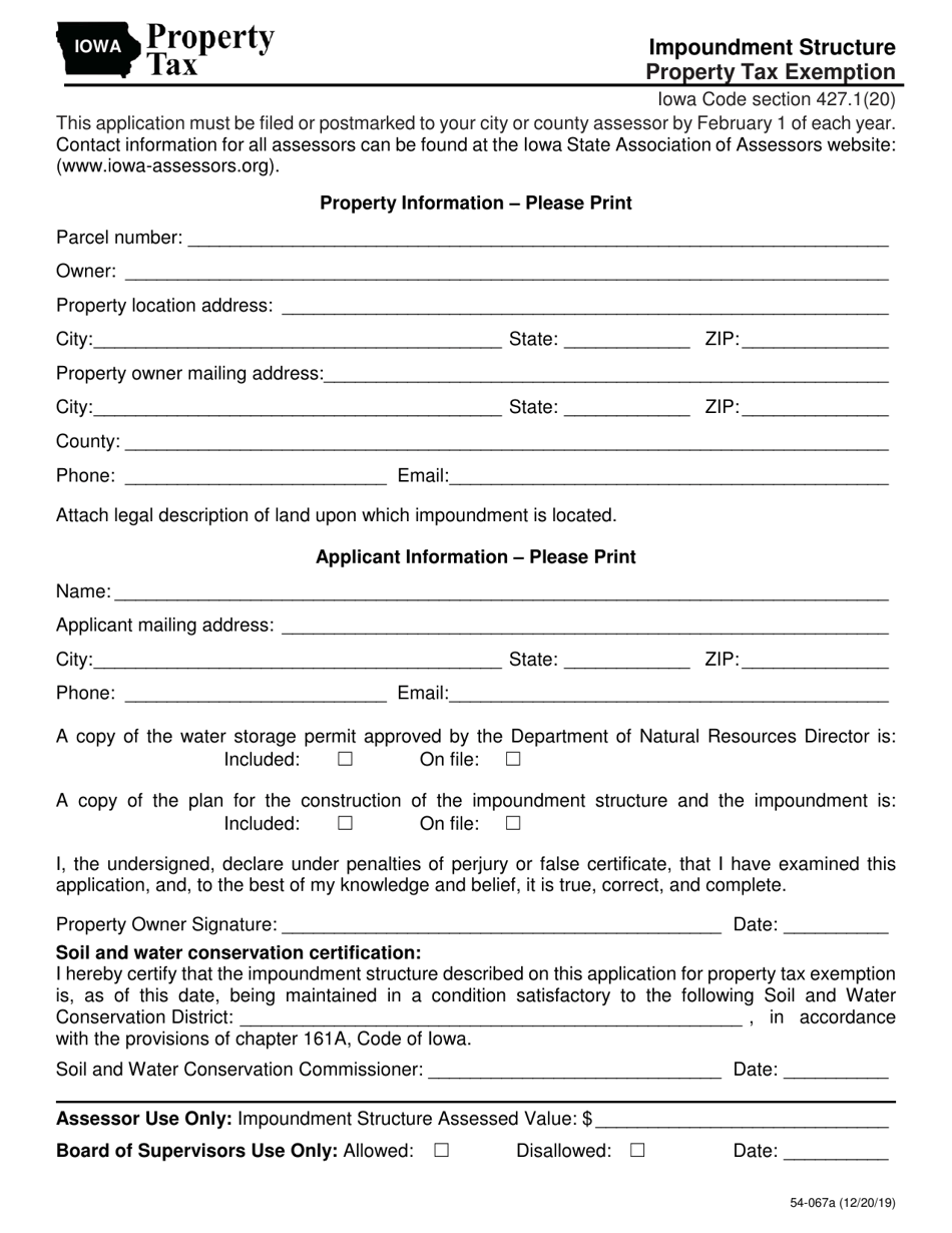 Form 54-067 Impoundment Structure Property Tax Exemption - Iowa, Page 1