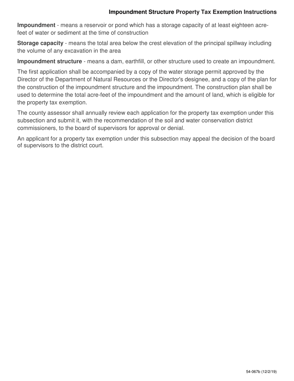 Form 54-067 Impoundment Structure Property Tax Exemption - Iowa, Page 2
