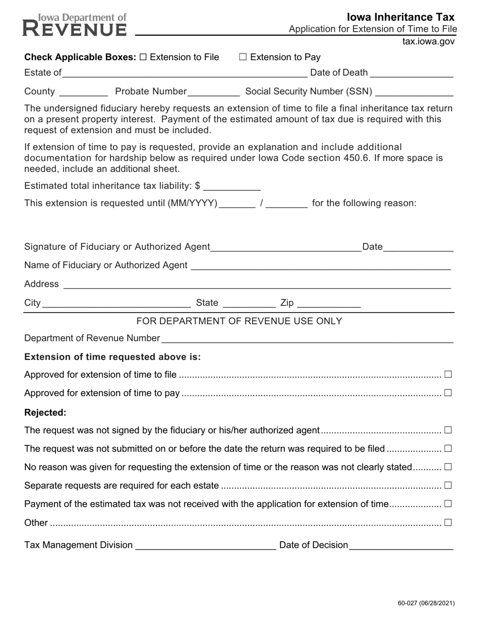 Form 60-027 Iowa Inheritance Tax Application for Extension of Time to File - Iowa, Page 1