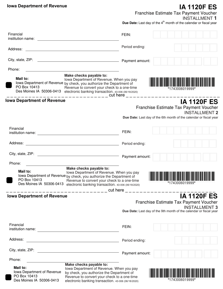 Form IA1120F ES (43-006) Franchise Estimate Tax Payment Voucher - Iowa, Page 1