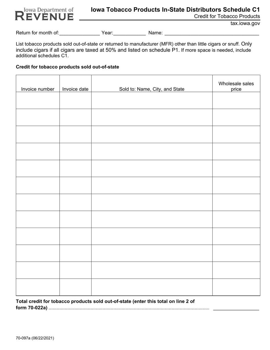 Form 70-097 Schedule C1 Iowa Tobacco Products in-State Distributors - Credit for Tobacco Products - Iowa, Page 1