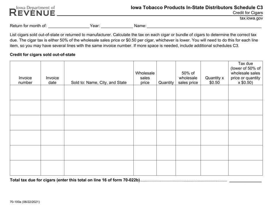 Form 70-100 Schedule C3 Iowa Tobacco Products in-State Distributors - Credit for Cigars - Iowa, Page 1