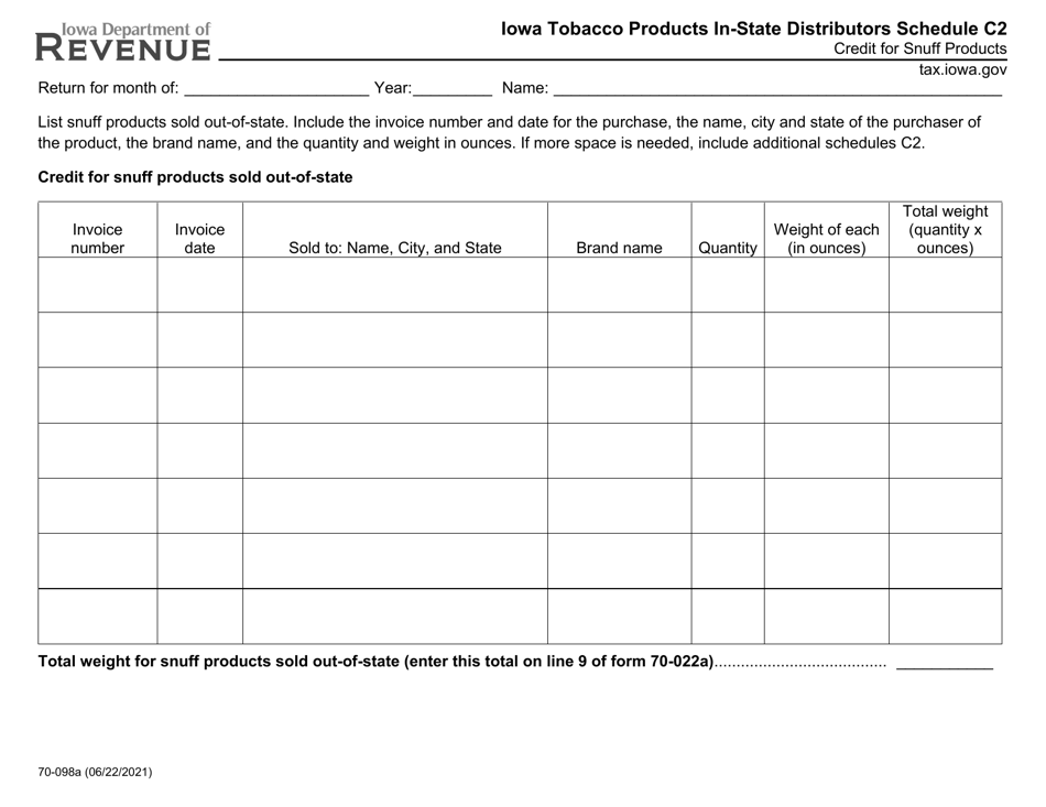 Form 70-098 Schedule C2 Iowa Tobacco Products in-State Distributors - Credit for Snuff Products - Iowa, Page 1
