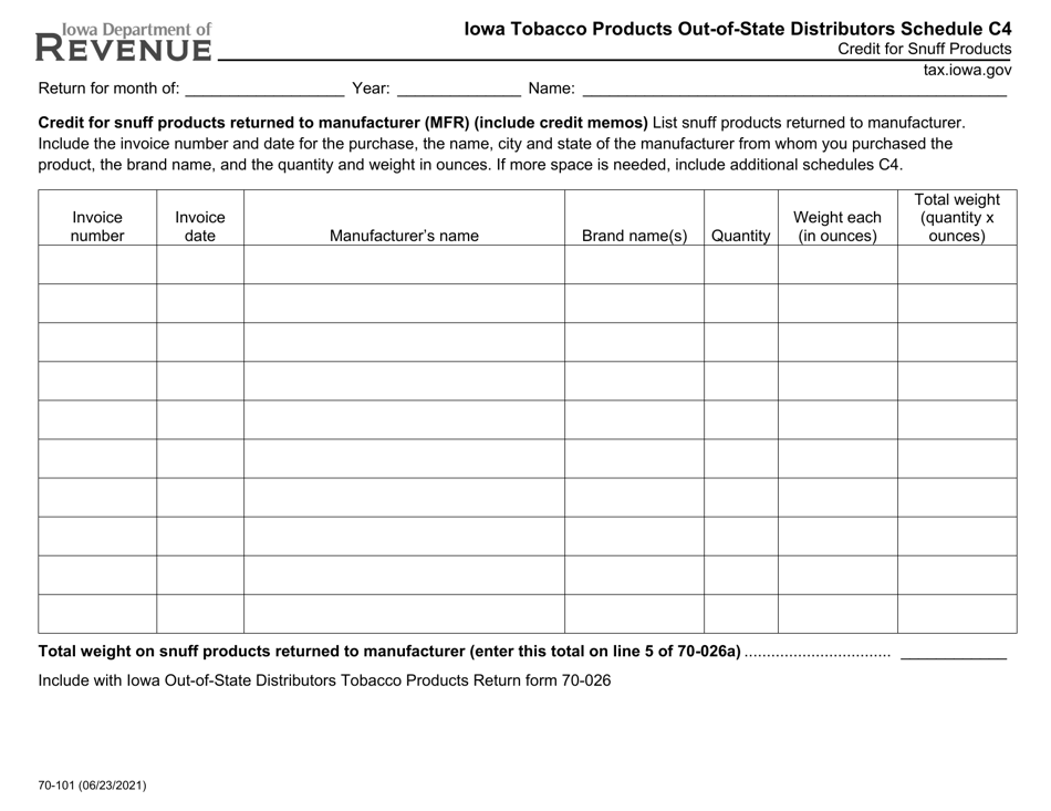 Form 70-101 Schedule C4 Iowa Tobacco Products Out-of-State Distributors - Credit for Snuff Products - Iowa, Page 1