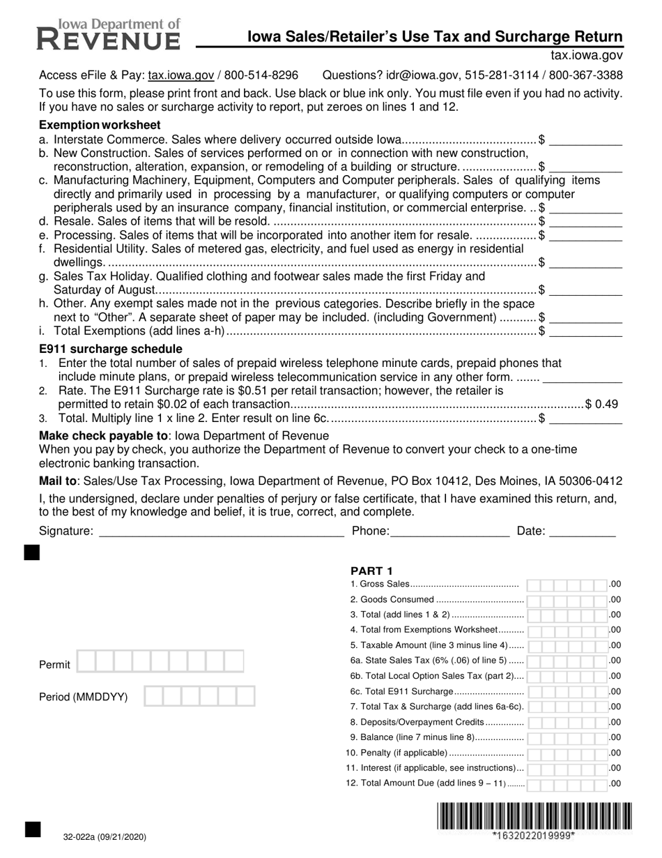 Form 32-022 Iowa Sales / Retailers Use Tax and Surcharge Return - Iowa, Page 1