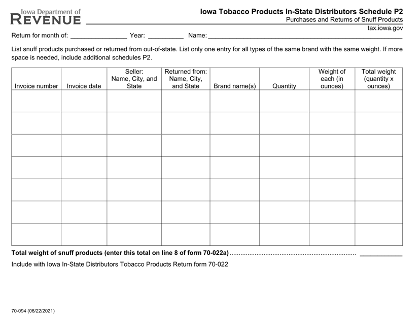 Form 70-094 Schedule P2  Printable Pdf