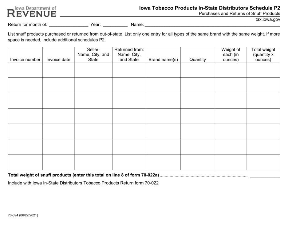 Form 70-094 Schedule P2 Iowa Tobacco Products in-State Distributors - Purchases and Returns of Snuff Products - Iowa, Page 1