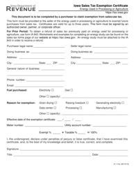 Form 31-113 Iowa Sales Tax Exemption Certificate - Energy Used in Processing or Agriculture - Iowa