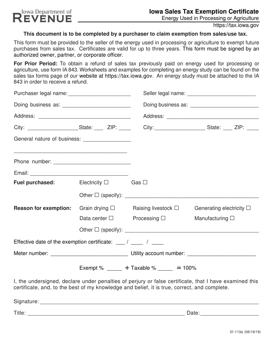 Form 31-113 Iowa Sales Tax Exemption Certificate - Energy Used in Processing or Agriculture - Iowa, Page 1