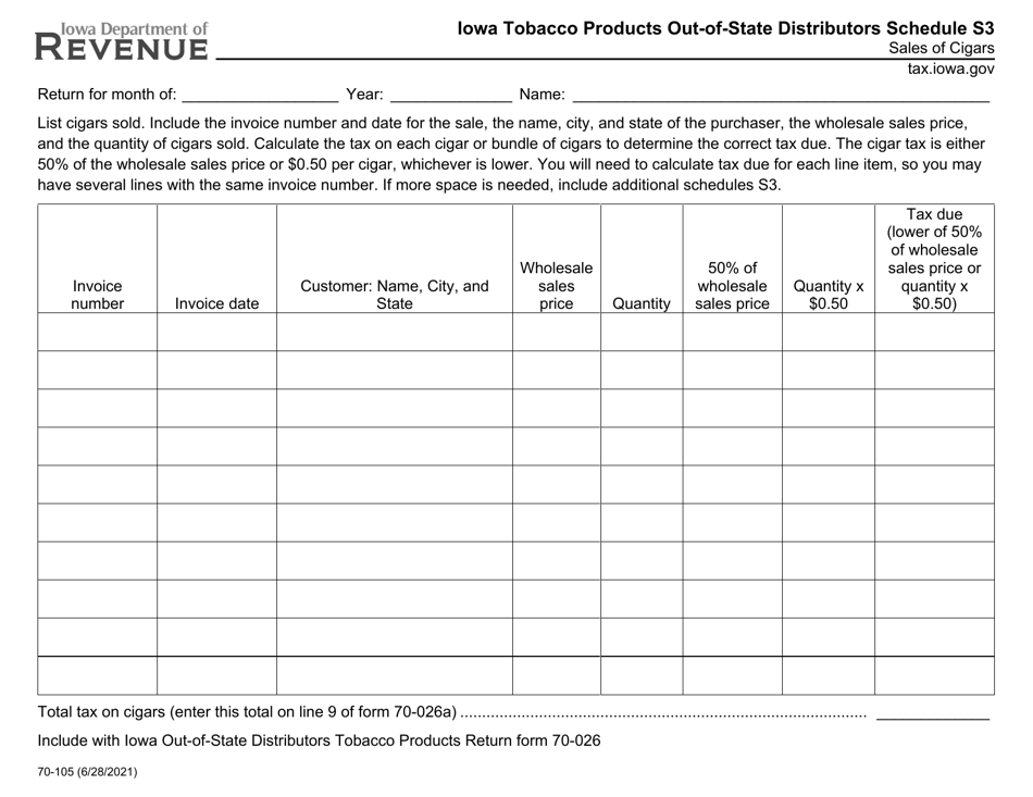 Form 70-105 Schedule S3 Iowa Tobacco Products Out-of-State Distributors Schedule - Sales of Cigars - Iowa, Page 1
