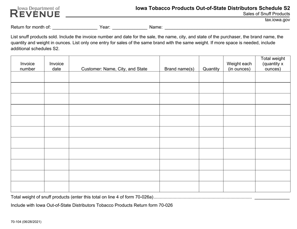 Form 70-104 Schedule S2 Iowa Tobacco Products Out-of-State Distributors Schedule - Sales of Snuff Products - Iowa, Page 1