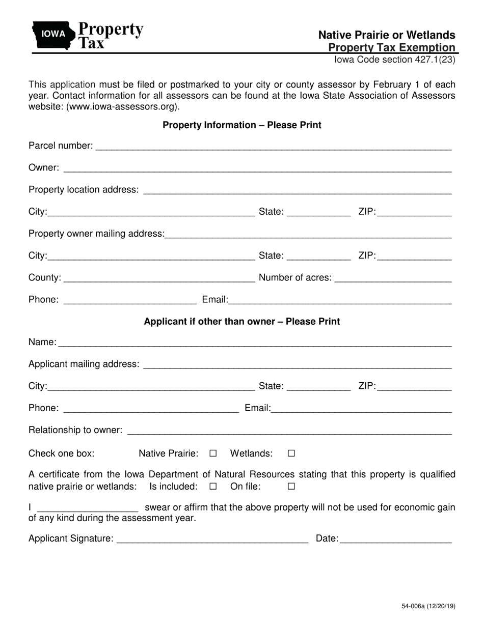 Form 54-006 Native Prairie or Wetlands Property Tax Exemption - Iowa, Page 1