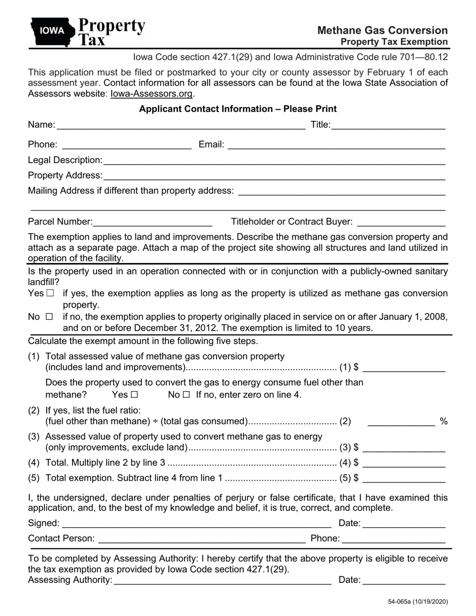Form 54-065 Methane Gas Conversion Property Tax Exemption - Iowa, Page 1