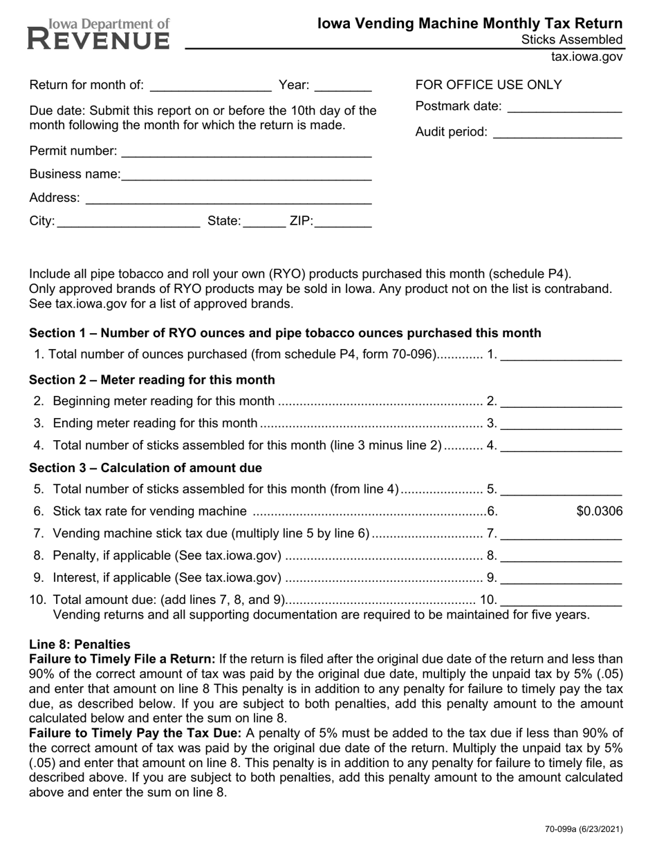 Form 70-099 Iowa Vending Machine Monthly Tax Return - Sticks Assembled - Iowa, Page 1
