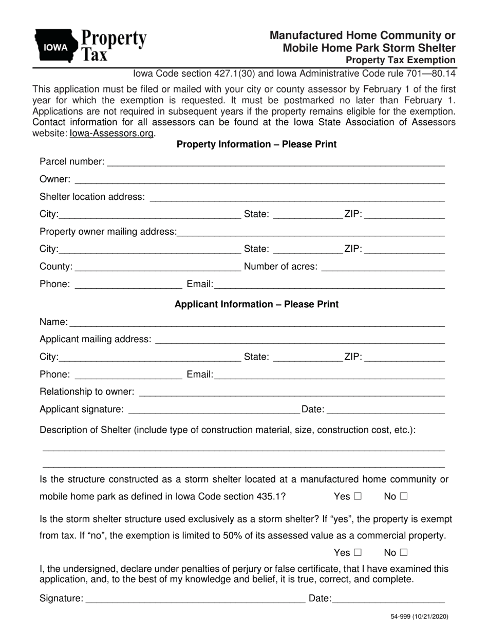 Form 54-999 Manufactured Home Community or Mobile Home Park Storm Shelter Property Tax Exemption - Iowa, Page 1