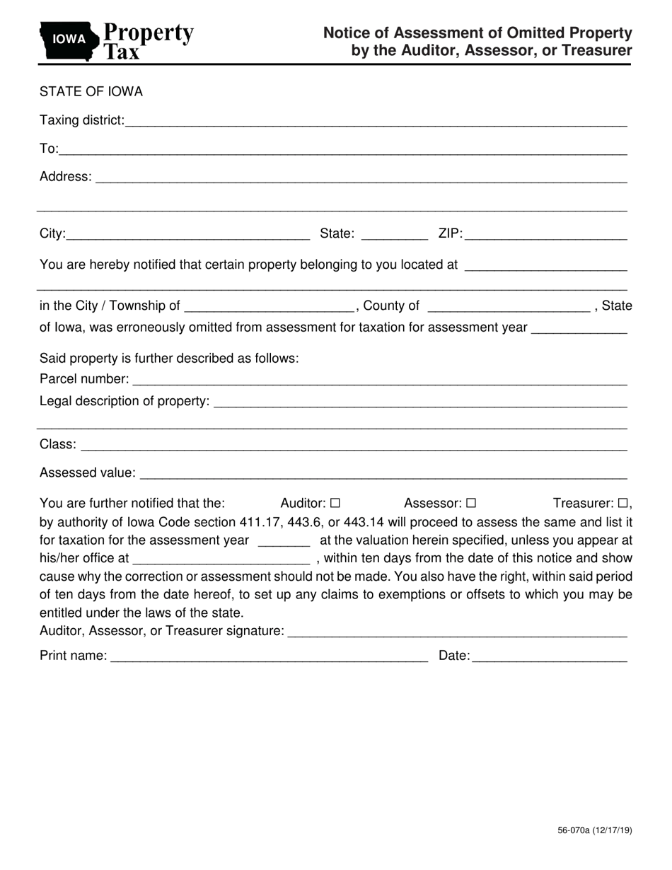 Form 56-070 Notice of Assessment of Omitted Property by the Auditor, Assessor, or Treasurer - Iowa, Page 1