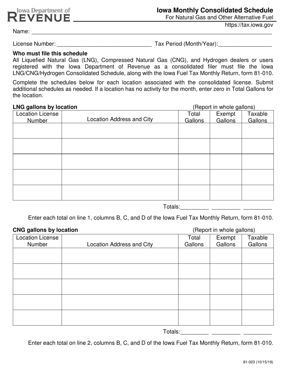 Form 81-023 Iowa Monthly Consolidated Schedule for Natural Gas and Other Alternative Fuel - Iowa, Page 1
