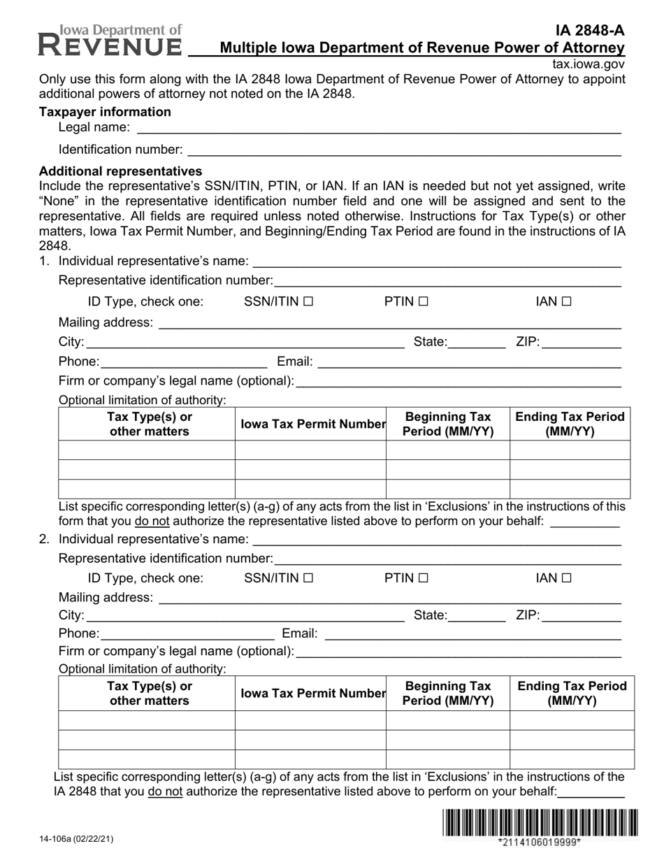 Form IA2848-A (14-106) Multiple Iowa Department of Revenue Power of Attorney - Iowa, Page 1