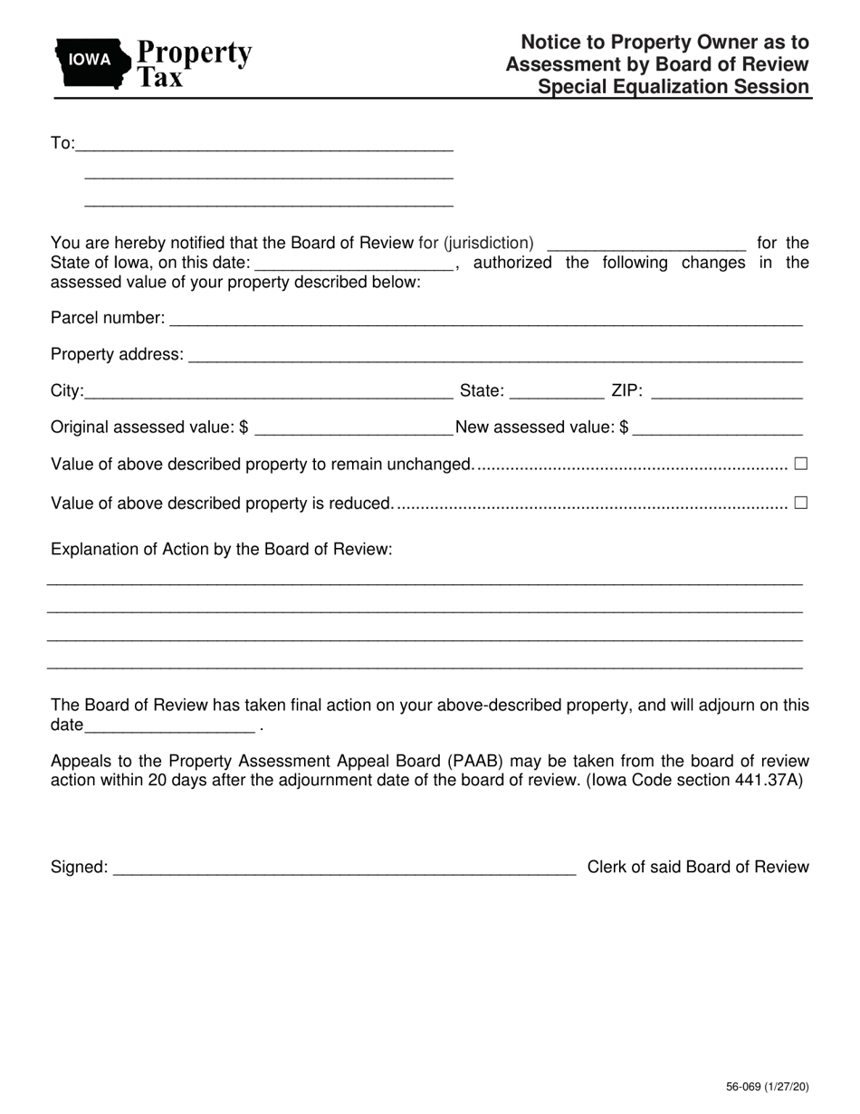 Form 56-069 Notice to Property Owner as to Assessment by Board of Review Special Equalization Session - Iowa, Page 1