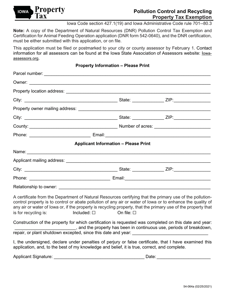 Form 54-064 Pollution Control and Recycling Property Tax Exemption - Iowa, Page 1