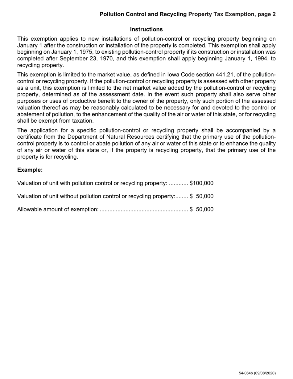 Form 54-064 Pollution Control and Recycling Property Tax Exemption - Iowa, Page 2