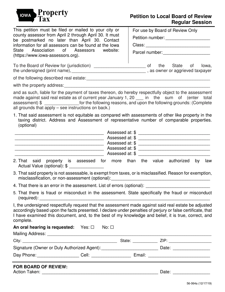 Form 56-064 Petition to Local Board of Review - Regular Session - Iowa, Page 1